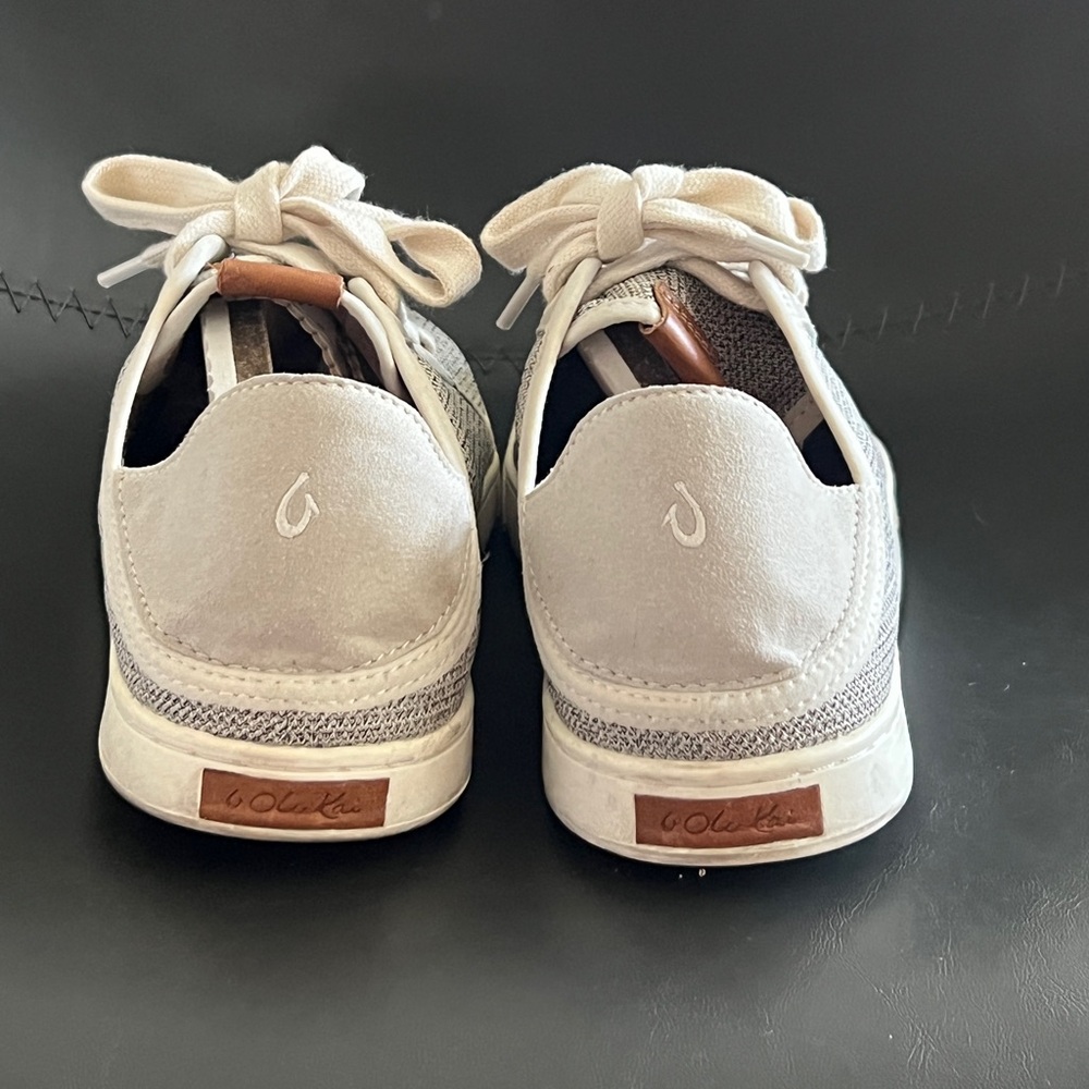 OluKai Pehuea Li Light Gray and White Knit Lace-Up Sneakers - Picture 7 of 11